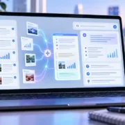 Notebook exibe interface ilustrativa de inteligência artificial com documentos, gráficos, imagens e fontes de pesquisa conectadas ao Gemini.
