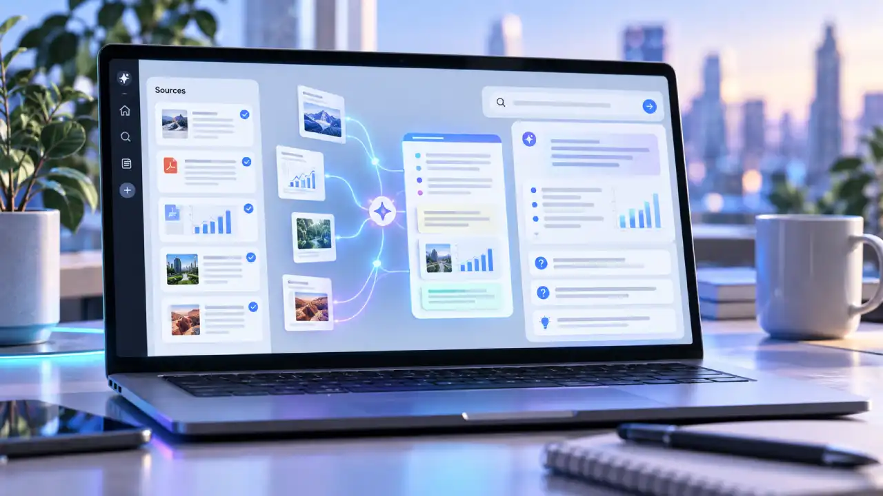 Notebook exibe interface ilustrativa de inteligência artificial com documentos, gráficos, imagens e fontes de pesquisa conectadas ao Gemini. Notebook exibe interface ilustrativa de inteligência artificial com documentos, gráficos, imagens e fontes de pesquisa conectadas ao Gemini.