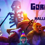 Gorilas com fantasias de Halloween aparecem em cenário com abóboras e elementos assustadores de Gorilla Tag.