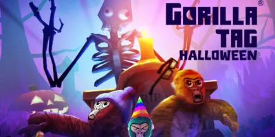 Gorilas com fantasias de Halloween aparecem em cenário com abóboras e elementos assustadores de Gorilla Tag.
