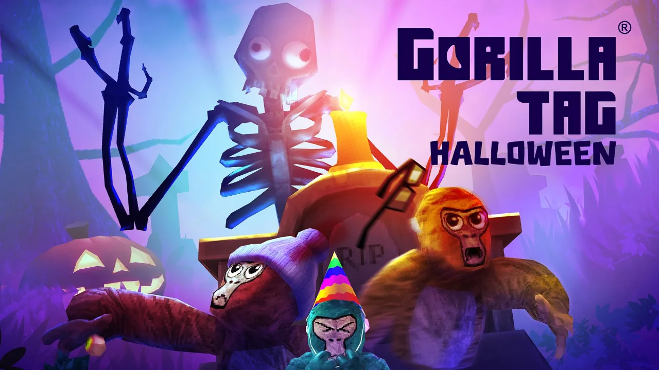 Gorilas com fantasias de Halloween aparecem em cenário com abóboras e elementos assustadores de Gorilla Tag.