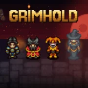 Jogo brasileiro Grimhold apresenta heróis defendendo uma fortaleza contra ondas de criaturas em cenário de fantasia sombria com gráficos em pixel art.