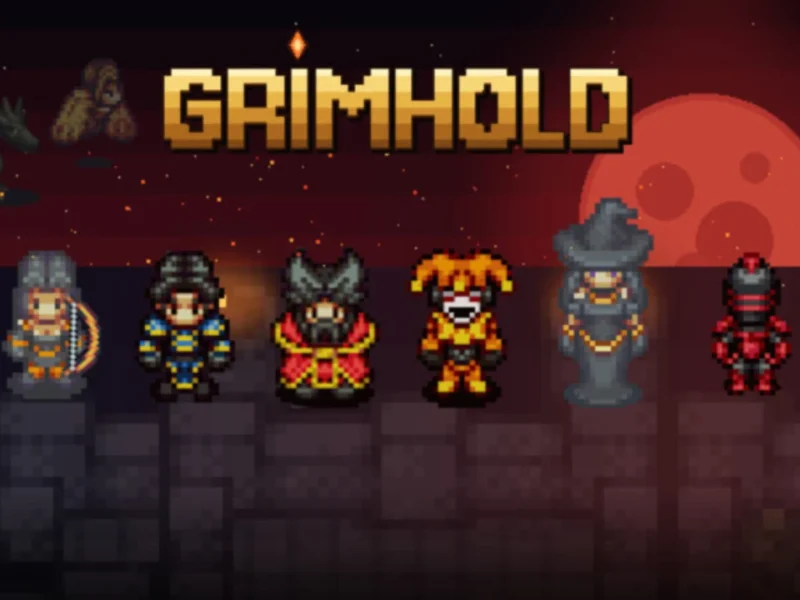 Jogo brasileiro Grimhold apresenta heróis defendendo uma fortaleza contra ondas de criaturas em cenário de fantasia sombria com gráficos em pixel art.