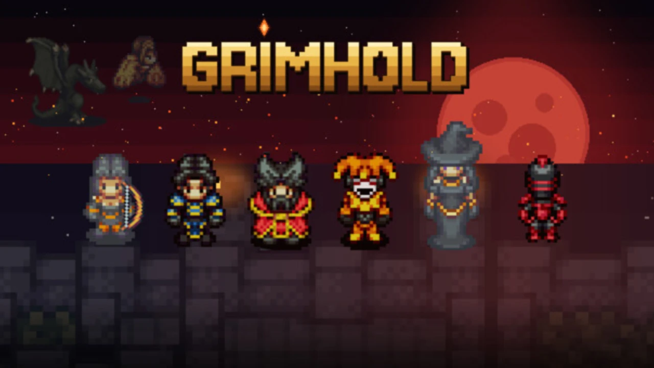 Jogo brasileiro Grimhold apresenta heróis defendendo uma fortaleza contra ondas de criaturas em cenário de fantasia sombria com gráficos em pixel art. Jogo brasileiro Grimhold apresenta heróis defendendo uma fortaleza contra ondas de criaturas em cenário de fantasia sombria com gráficos em pixel art.