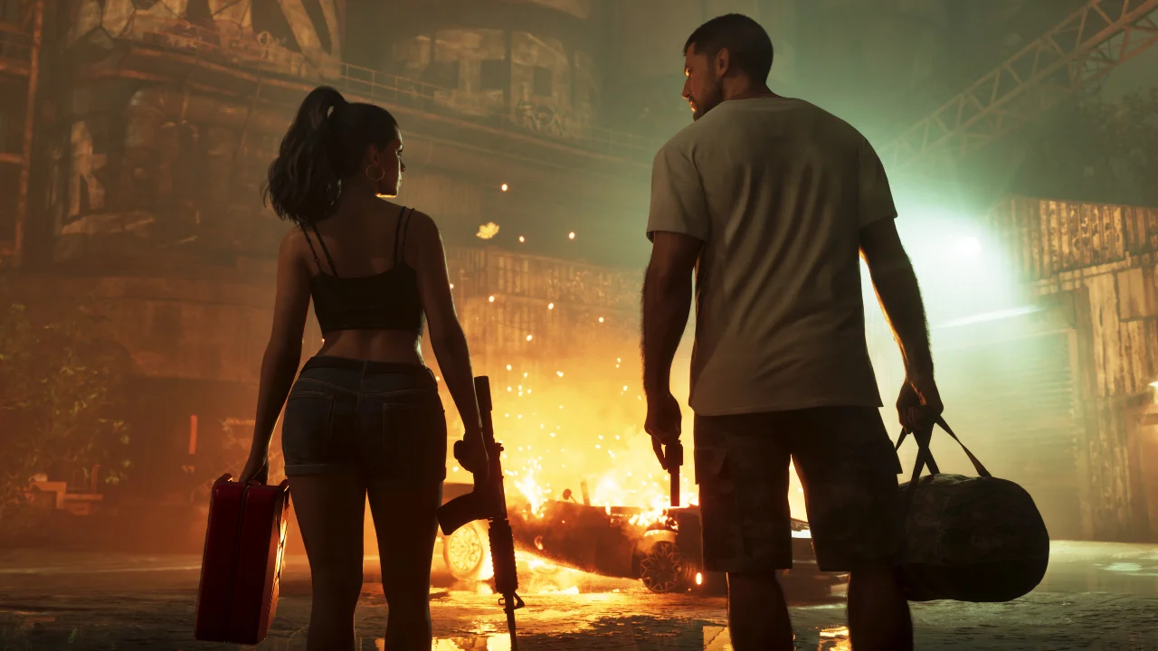 Jason e Lucia armados diante de um carro em chamas em cena de GTA 6.