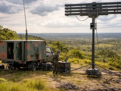 Equipamento militar com antenas e sistemas eletrônicos utilizados em operações de monitoramento