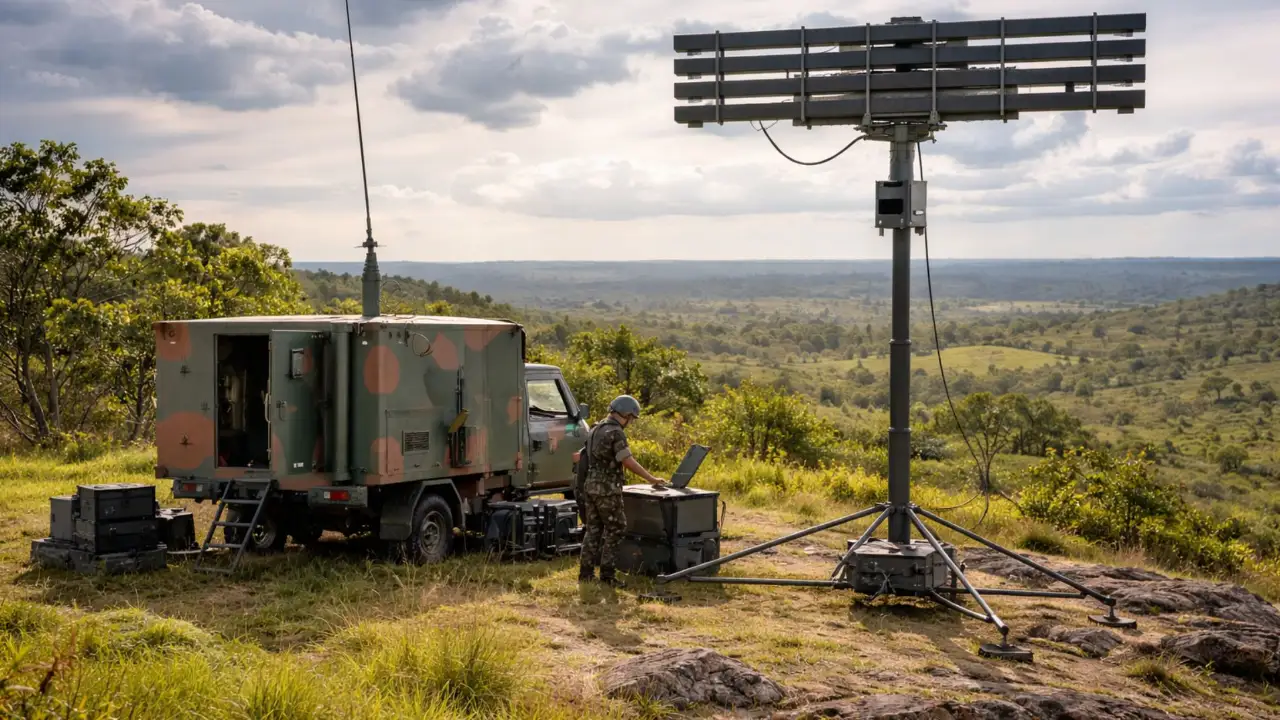 Equipamento militar com antenas e sistemas eletrônicos utilizados em operações de monitoramento
