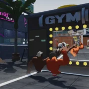 Personagens musculosos disputam atividades em academia virtual no jogo Gym Bros: LooksMaxx.