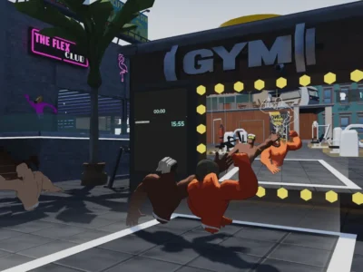 Personagens musculosos disputam atividades em academia virtual no jogo Gym Bros: LooksMaxx.