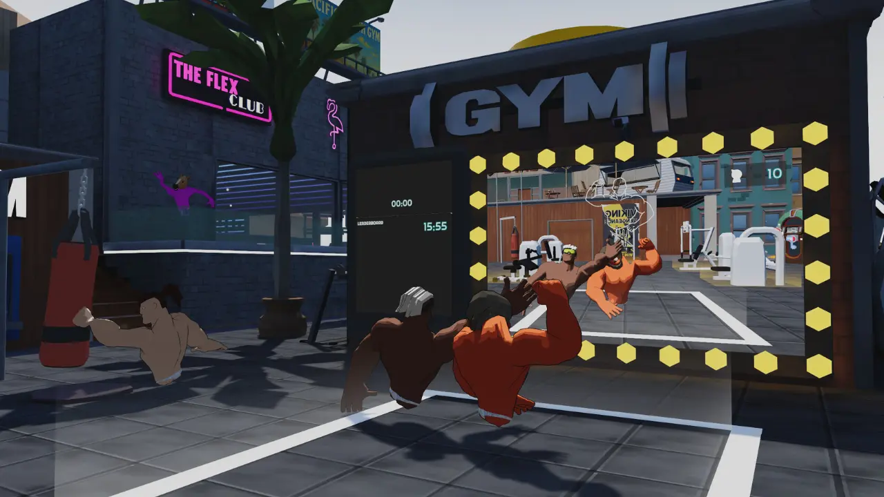Personagens musculosos disputam atividades em academia virtual no jogo Gym Bros: LooksMaxx. Personagens musculosos disputam atividades em academia virtual no jogo Gym Bros: LooksMaxx.