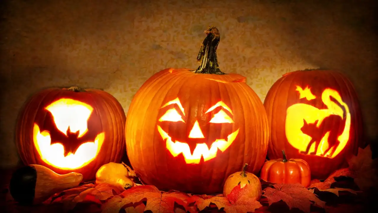 Abóbora esculpida e iluminada, símbolo tradicional do Halloween Abóbora esculpida e iluminada, símbolo tradicional do Halloween