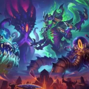 Arte de Hearthstone Reinado dos Deuses Antigos, expansão com C'Thun, N'Zoth, Yogg-Saron e Y'Shaarj.
