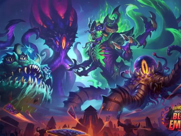 Arte de Hearthstone Reinado dos Deuses Antigos, expansão com C'Thun, N'Zoth, Yogg-Saron e Y'Shaarj.