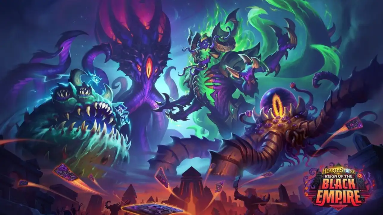 Arte de Hearthstone Reinado dos Deuses Antigos, expansão com C'Thun, N'Zoth, Yogg-Saron e Y'Shaarj.