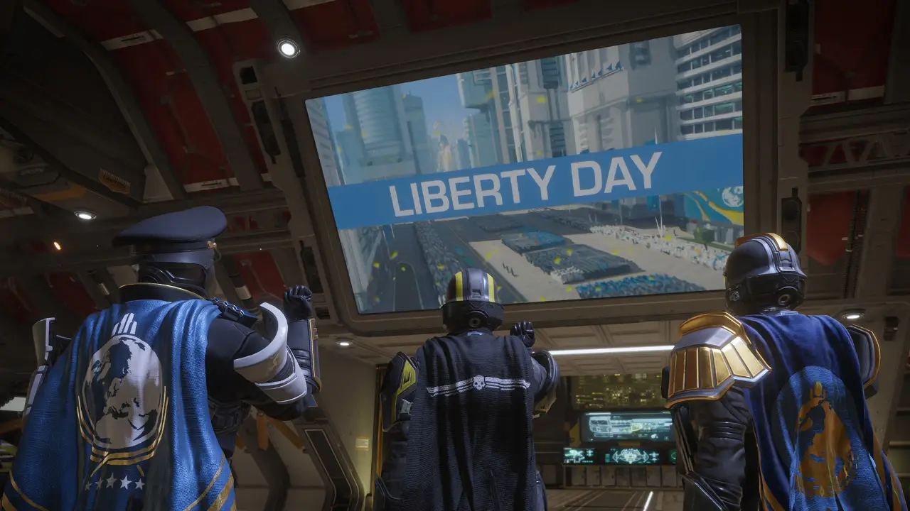 Três soldados de Helldivers 2 assistem à transmissão do Liberty Day em uma tela dentro de uma nave espacial.