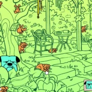 Cachorros escondidos em cenário desenhado à mão do jogo Hidden Dogs