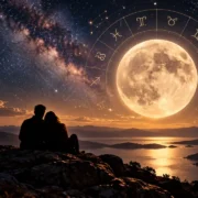 Casal observa a Lua sob céu zodiacal em representação do horóscopo do amor