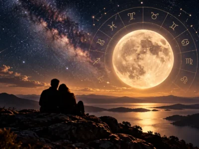 Casal observa a Lua sob céu zodiacal em representação do horóscopo do amor