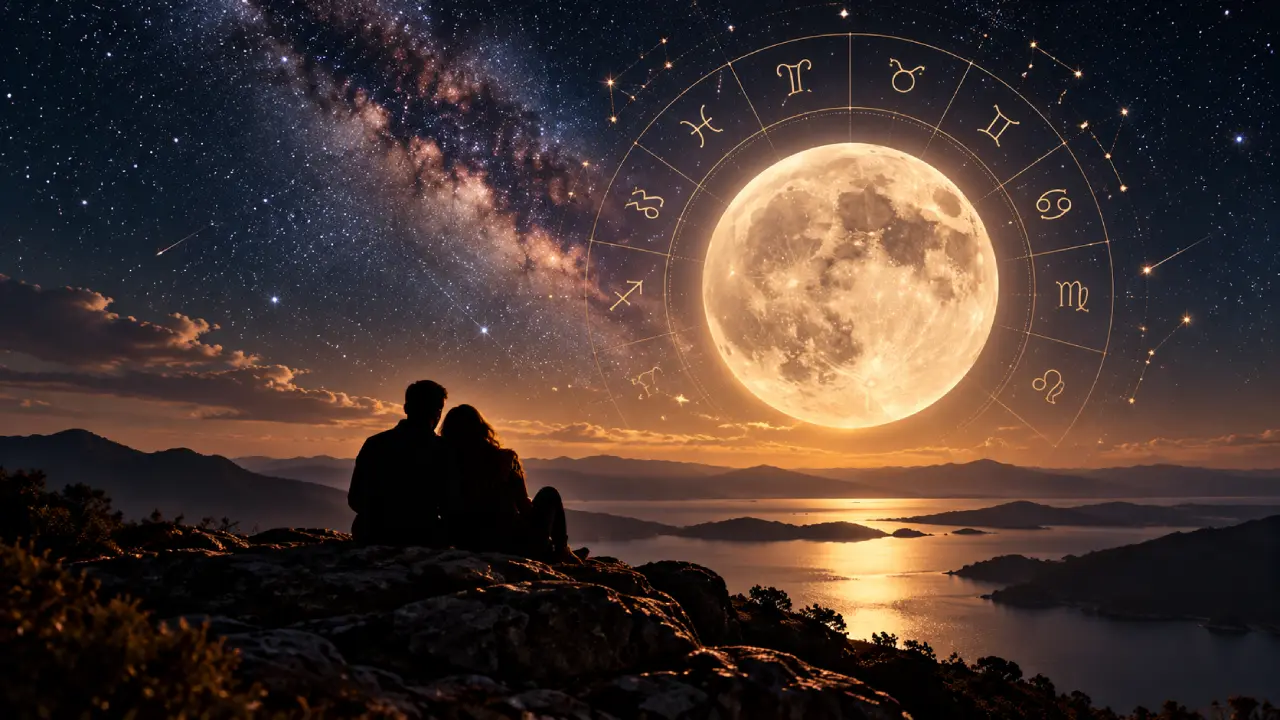 Casal observa a Lua sob céu zodiacal em representação do horóscopo do amor Casal observa a Lua sob céu zodiacal em representação do horóscopo do amor