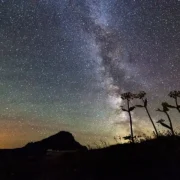 Céu estrelado com a Via Láctea sobre uma paisagem montanhosa durante a noite
