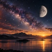 Paisagem noturna com lago, montanhas, Via Láctea e corpos celestes no céu
