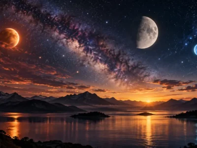 Paisagem noturna com lago, montanhas, Via Láctea e corpos celestes no céu