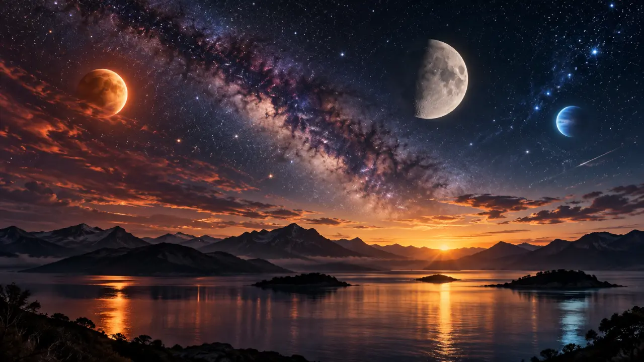Paisagem noturna com lago, montanhas, Via Láctea e corpos celestes no céu Paisagem noturna com lago, montanhas, Via Láctea e corpos celestes no céu