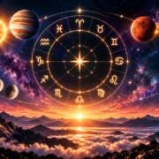 Roda zodiacal com planetas e fases da Lua sobre montanhas ao amanhecer