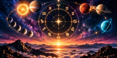 Roda zodiacal com planetas e fases da Lua sobre montanhas ao amanhecer