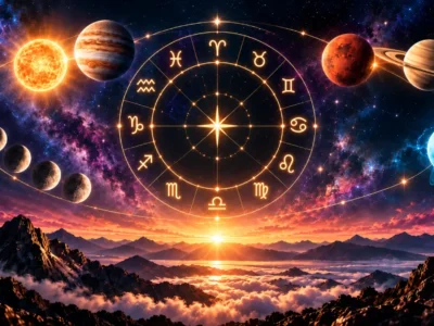 Roda zodiacal com planetas e fases da Lua sobre montanhas ao amanhecer