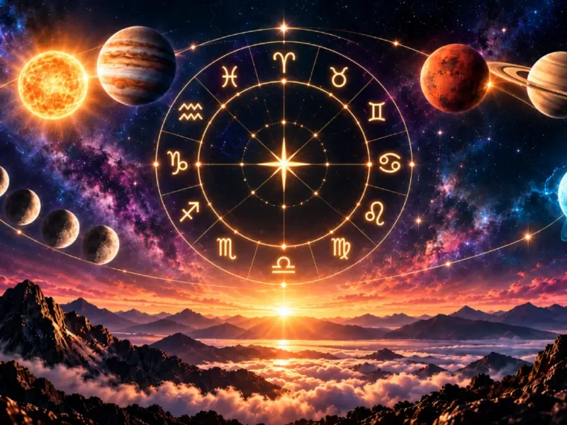 Roda zodiacal com planetas e fases da Lua sobre montanhas ao amanhecer