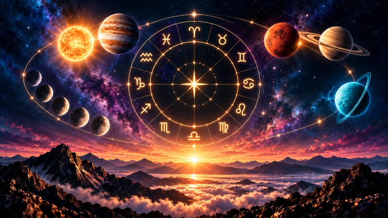 Roda zodiacal com planetas e fases da Lua sobre montanhas ao amanhecer