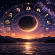 Roda do zodíaco sobre eclipse e céu estrelado acima de lago e montanhas