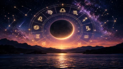 Roda do zodíaco sobre eclipse e céu estrelado acima de lago e montanhas