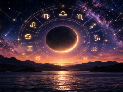 Roda do zodíaco sobre eclipse e céu estrelado acima de lago e montanhas