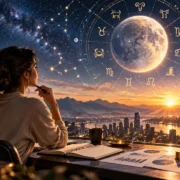 Mulher analisa gráficos financeiros sob céu astrológico em cena sobre trabalho, dinheiro e planejamento