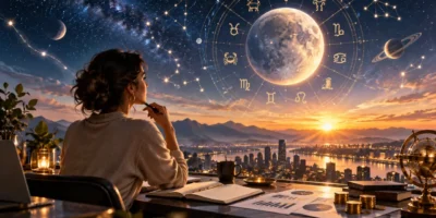 Mulher analisa gráficos financeiros sob céu astrológico em cena sobre trabalho, dinheiro e planejamento