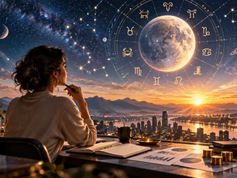 Mulher analisa gráficos financeiros sob céu astrológico em cena sobre trabalho, dinheiro e planejamento
