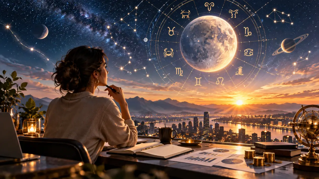 Mulher analisa gráficos financeiros sob céu astrológico em cena sobre trabalho, dinheiro e planejamento Mulher analisa gráficos financeiros sob céu astrológico em cena sobre trabalho, dinheiro e planejamento
