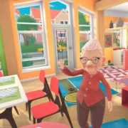 Granny, personagem de I Am Cat, aparece com o braço levantado dentro de uma casa colorida, cercada por móveis e objetos interativos.