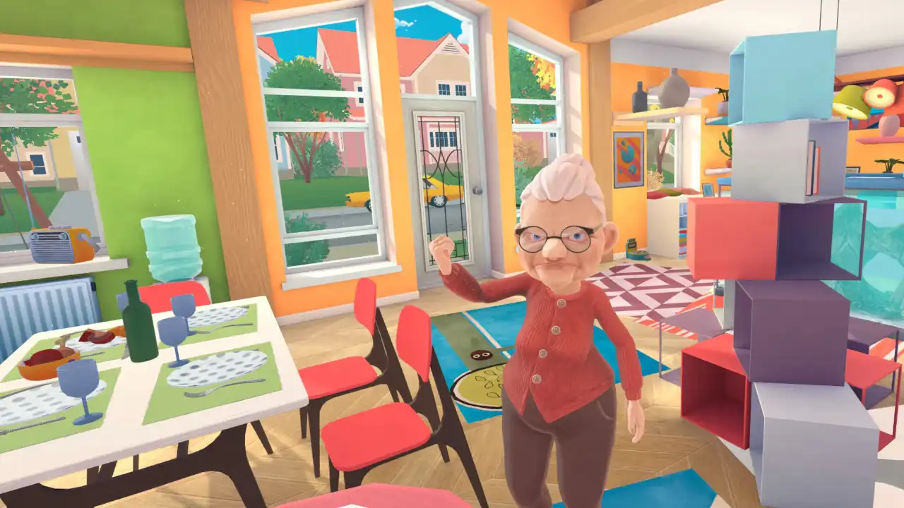 Granny, personagem de I Am Cat, aparece com o braço levantado dentro de uma casa colorida, cercada por móveis e objetos interativos. Granny, personagem de I Am Cat, aparece com o braço levantado dentro de uma casa colorida, cercada por móveis e objetos interativos.