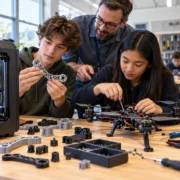 Estudantes trabalham com impressão 3D e drones em oficina de engenharia