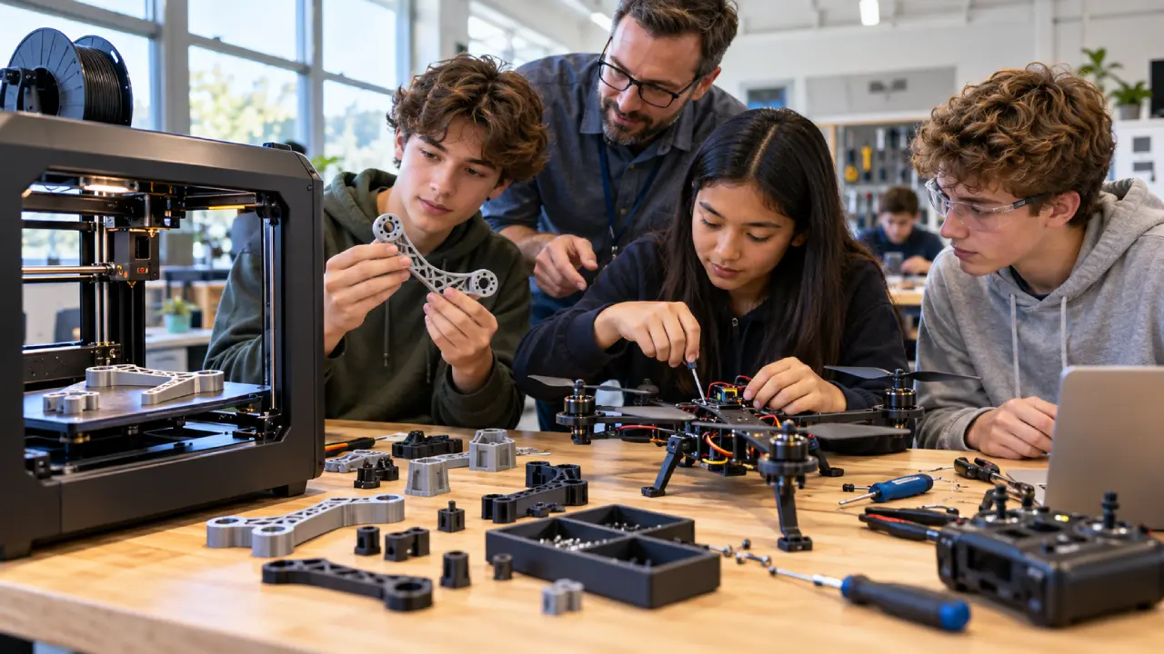 Estudantes trabalham com impressão 3D e drones em oficina de engenharia Estudantes trabalham com impressão 3D e drones em oficina de engenharia