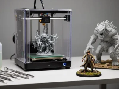 Miniaturas detalhadas produzidas por impressão 3D em resina, com impressora de fotopolimerização ao fundo.