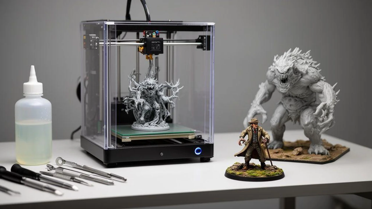 Miniaturas detalhadas produzidas por impressão 3D em resina, com impressora de fotopolimerização ao fundo.