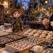 Animadora manipula rosto de boneco em oficina de stop-motion, com impressora 3D e dezenas de expressões faciais organizadas sobre uma bancada.