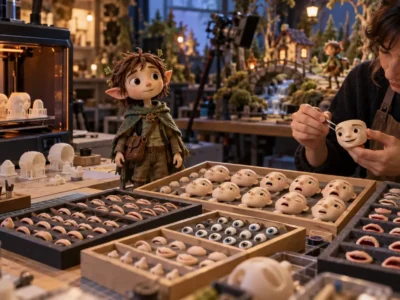 Animadora manipula rosto de boneco em oficina de stop-motion, com impressora 3D e dezenas de expressões faciais organizadas sobre uma bancada.