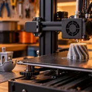 Impressora 3D produz uma peça enquanto outros objetos impressos aparecem concluídos ao lado, ilustrando a impressão sequencial.