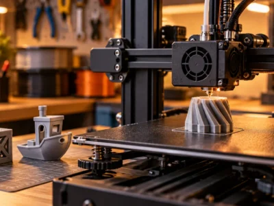 Impressora 3D produz uma peça enquanto outros objetos impressos aparecem concluídos ao lado, ilustrando a impressão sequencial.