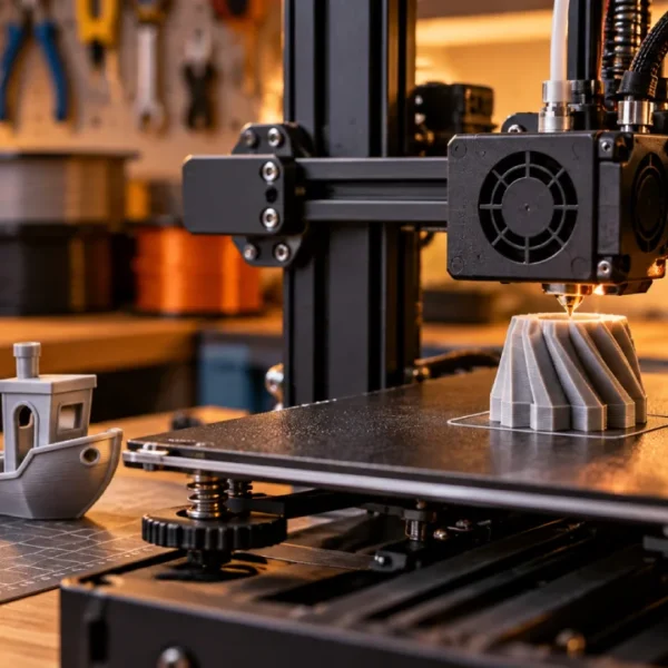 Impressora 3D produz uma peça enquanto outros objetos impressos aparecem concluídos ao lado, ilustrando a impressão sequencial.
